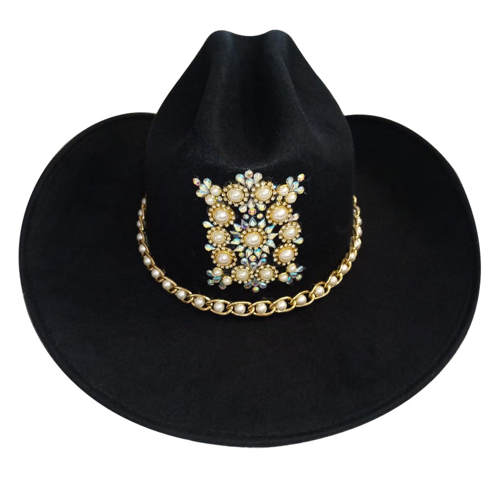 Black suede cowboy hat with rhinestones