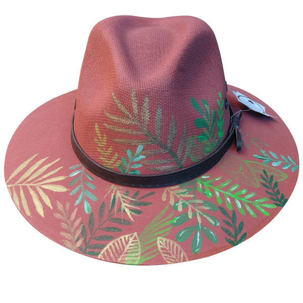 Sombrero marrón pintado a mano con hojas verdes