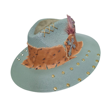 Sombrero verde azulado decorado con cinta - 0