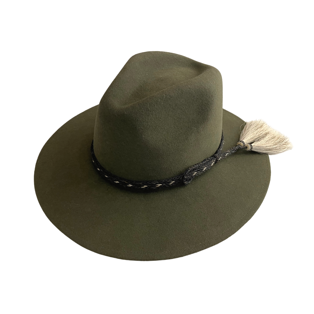 Green Bolivian wool hat with horse hair scarf