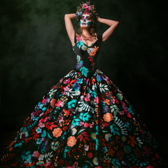 Vestido de corset negro con flores multicolor