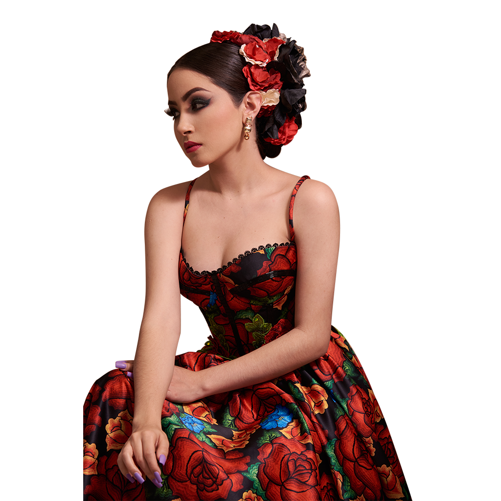 Red floral strapless dress with sweetheart neckline