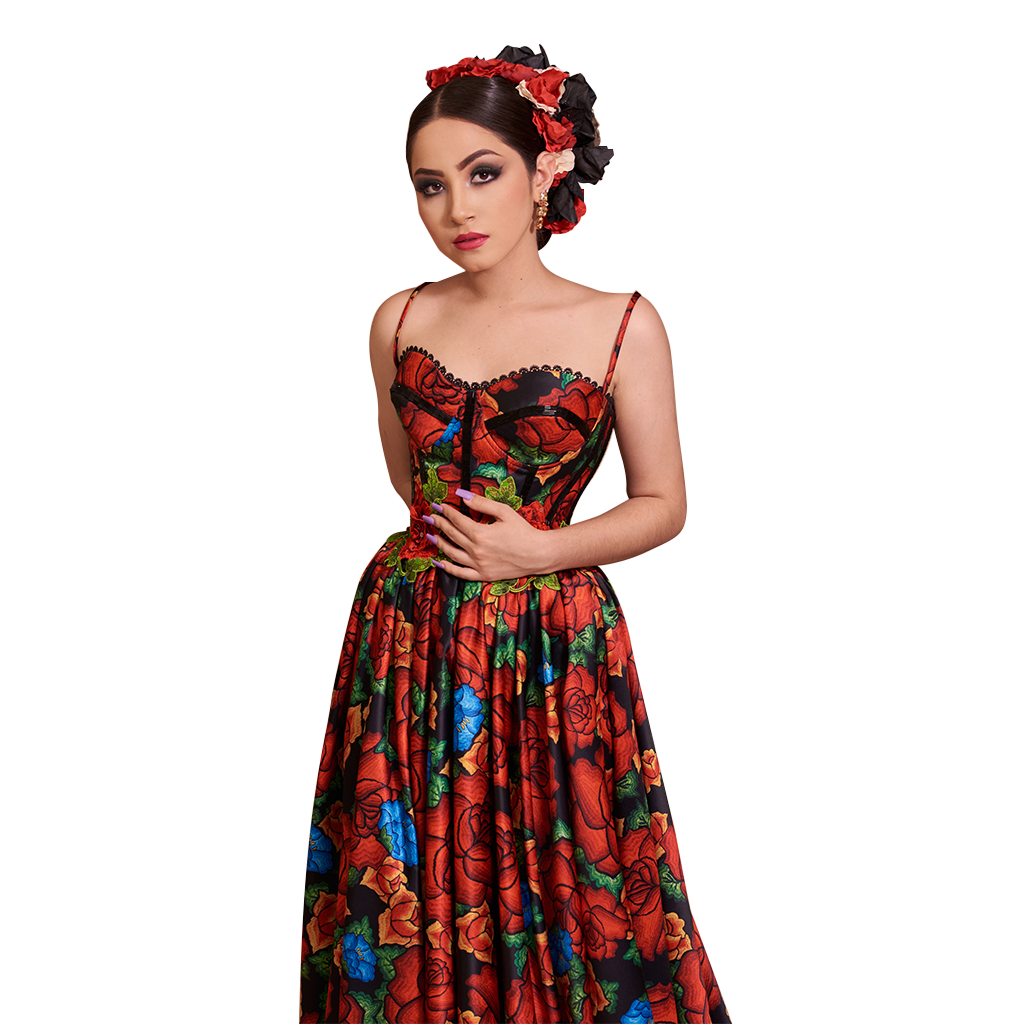 Red floral strapless dress with sweetheart neckline