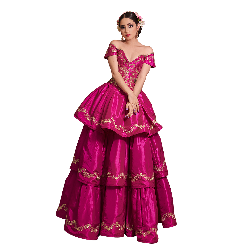 Mexican pink dress embroidered in gold - 0