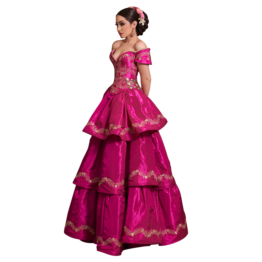 Mexican pink dress embroidered in gold