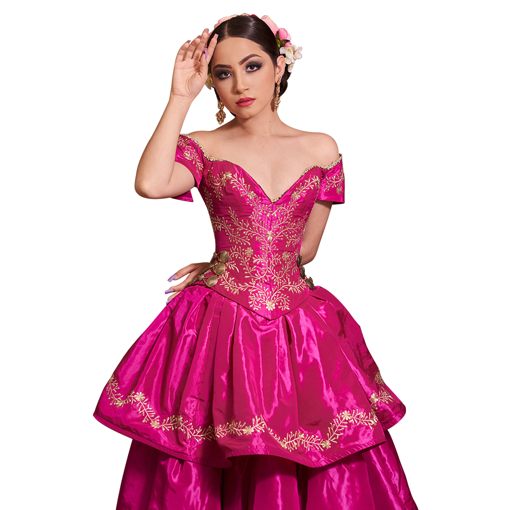 Mexican pink dress embroidered in gold