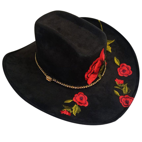 Sombrero negro de gamuza bordado con flores rojas