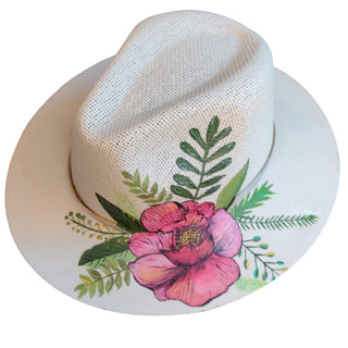 Sombrero pintado a mano con flor rosa