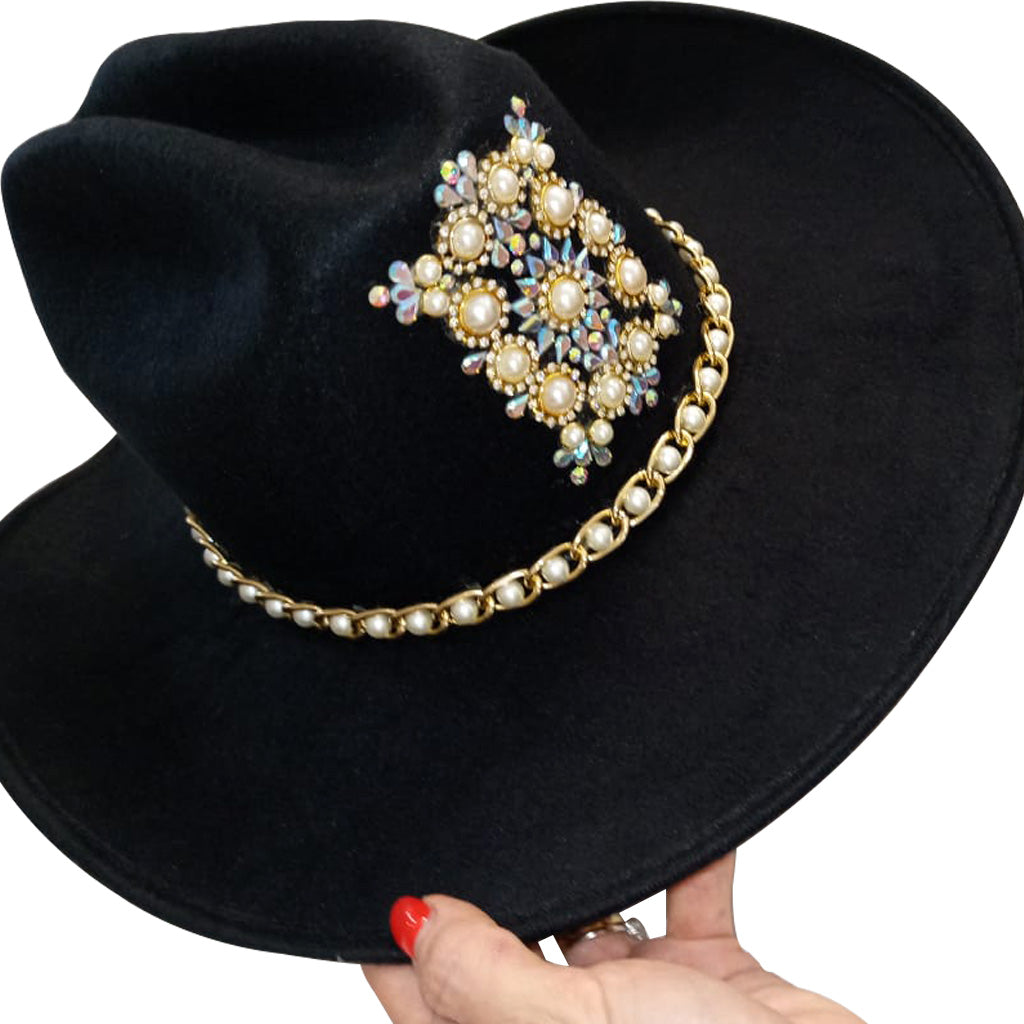 Black suede cowboy hat with rhinestones - 0