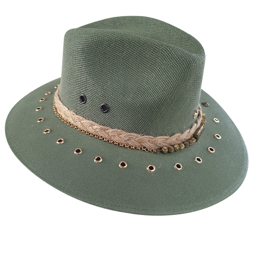 Green hat with braided ribbon