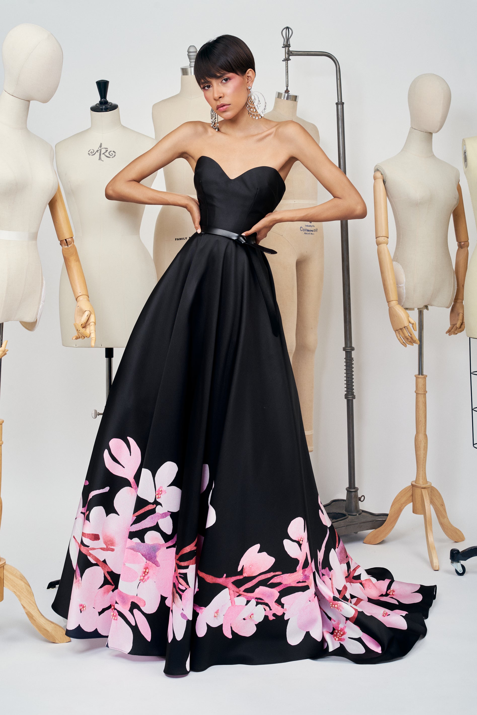 Black dress with floral print and sweetheart neckline