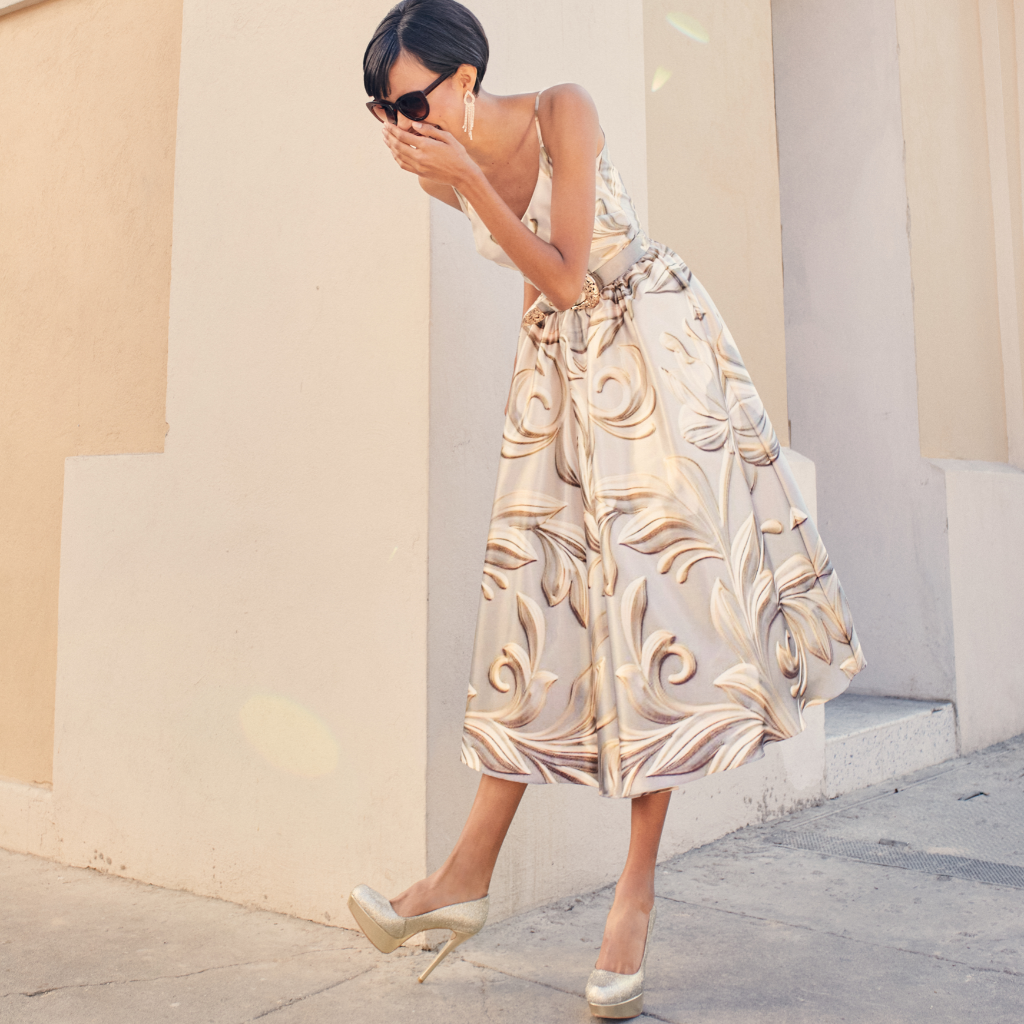 Ivory strappy midi dress with ocher print