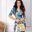 Vestido midi azul con estampado ocre-1
